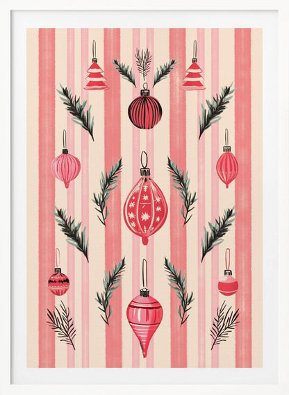 A framed art print with a festive pattern of various red and pink Christmas ornaments and pine sprigs. The background features vertical stripes in shades of pink and off-white, creating a cheerful, retro holiday aesthetic. Poster