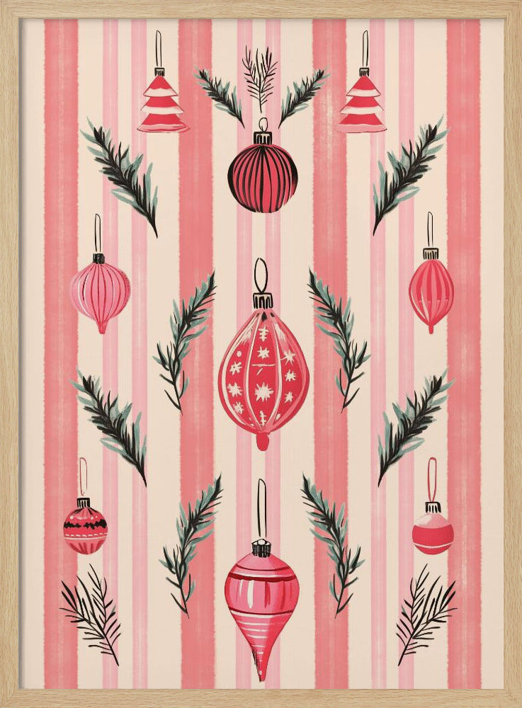 A framed art print with a festive pattern of various red and pink Christmas ornaments and pine sprigs. The background features vertical stripes in shades of pink and off-white, creating a cheerful, retro holiday aesthetic. Poster