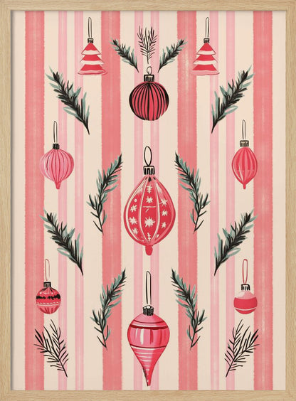 A framed art print with a festive pattern of various red and pink Christmas ornaments and pine sprigs. The background features vertical stripes in shades of pink and off-white, creating a cheerful, retro holiday aesthetic. Poster
