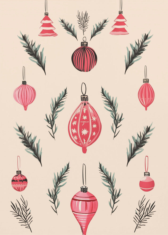 A framed art print featuring a symmetrical pattern of hand-painted red and pink Christmas ornaments and dark green pine sprigs against a cream-colored background. Poster