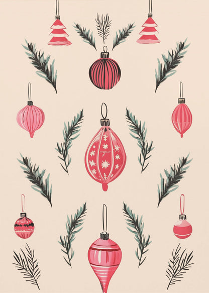 A framed art print featuring a symmetrical pattern of hand-painted red and pink Christmas ornaments and dark green pine sprigs against a cream-colored background. Poster