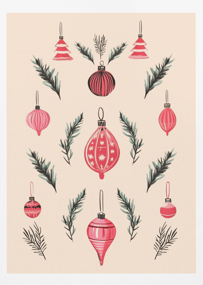 A framed art print featuring a symmetrical pattern of hand-painted red and pink Christmas ornaments and dark green pine sprigs against a cream-colored background. Poster