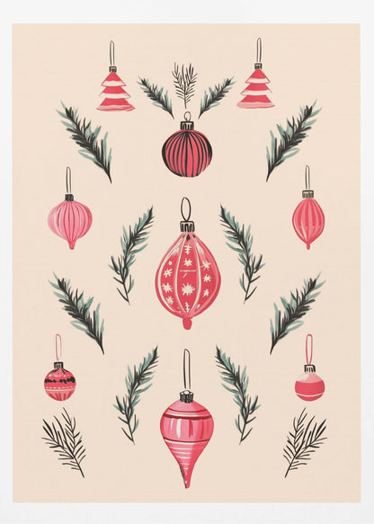 A framed art print featuring a symmetrical pattern of hand-painted red and pink Christmas ornaments and dark green pine sprigs against a cream-colored background. Poster