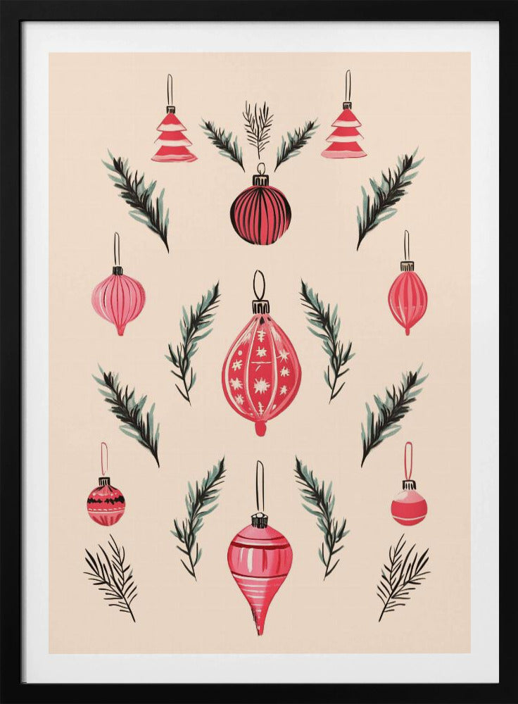 A framed art print featuring a symmetrical pattern of hand-painted red and pink Christmas ornaments and dark green pine sprigs against a cream-colored background. Poster