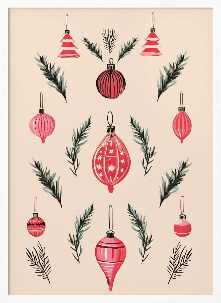 A framed art print featuring a symmetrical pattern of hand-painted red and pink Christmas ornaments and dark green pine sprigs against a cream-colored background. Poster