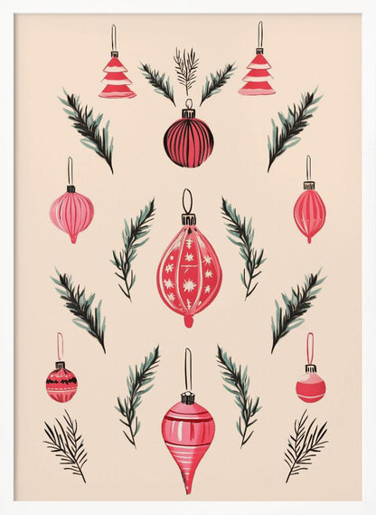A framed art print featuring a symmetrical pattern of hand-painted red and pink Christmas ornaments and dark green pine sprigs against a cream-colored background. Poster