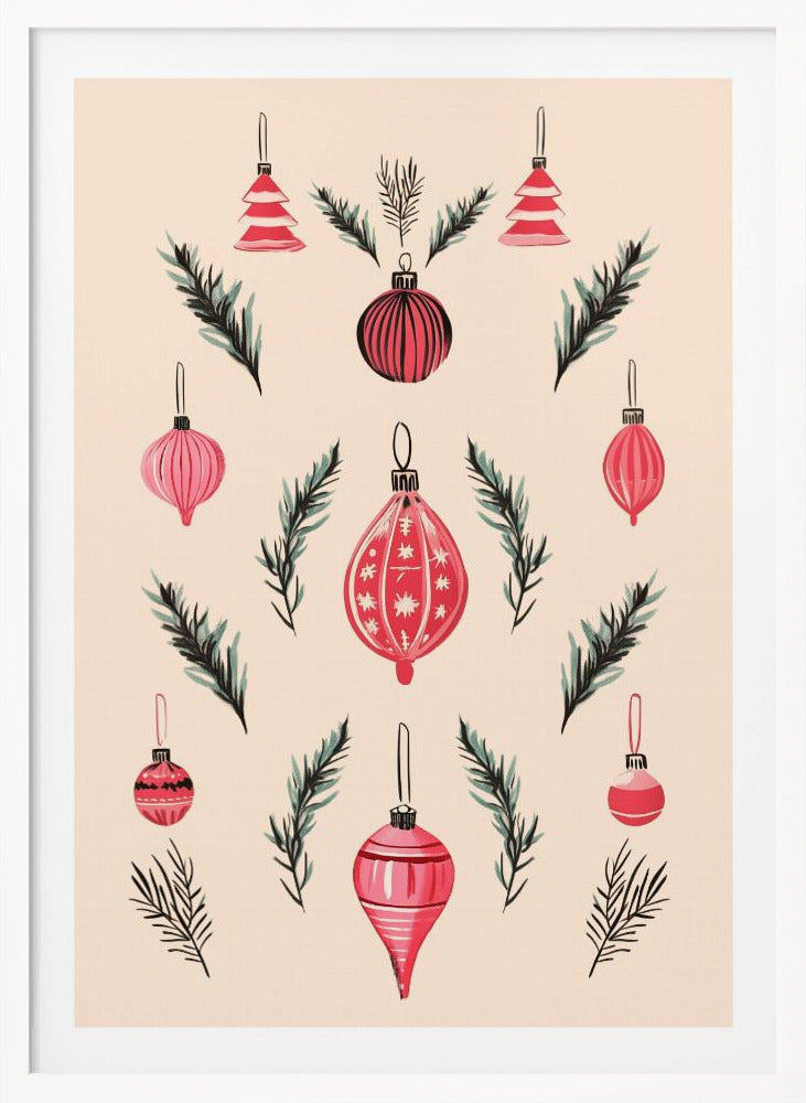 A framed art print featuring a symmetrical pattern of hand-painted red and pink Christmas ornaments and dark green pine sprigs against a cream-colored background. Poster