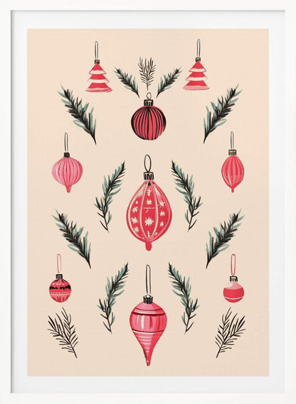 A framed art print featuring a symmetrical pattern of hand-painted red and pink Christmas ornaments and dark green pine sprigs against a cream-colored background. Poster
