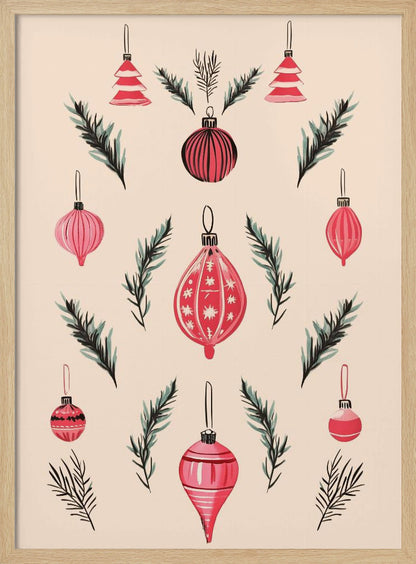 A framed art print featuring a symmetrical pattern of hand-painted red and pink Christmas ornaments and dark green pine sprigs against a cream-colored background. Poster