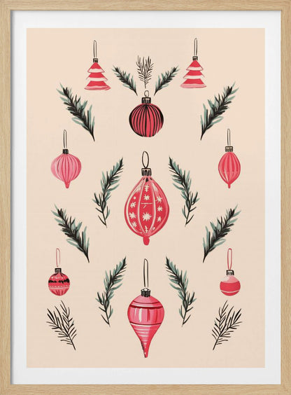 A framed art print featuring a symmetrical pattern of hand-painted red and pink Christmas ornaments and dark green pine sprigs against a cream-colored background. Poster