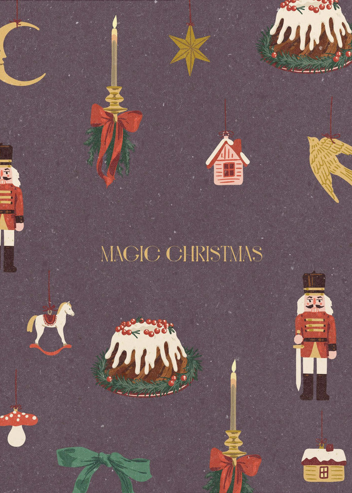 A vintage-style Christmas poster with a dark purple background featuring illustrations of festive items. Included are nutcracker soldiers, Christmas puddings, and hanging ornaments like a crescent moon, a star, a rocking horse, and candles. The words 'MAGIC CHRISTMAS' are written in the center in gold. Decor