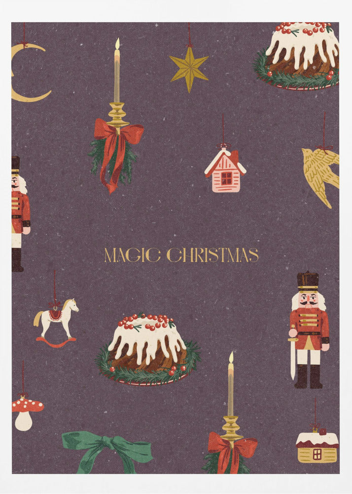 A vintage-style Christmas poster with a dark purple background featuring illustrations of festive items. Included are nutcracker soldiers, Christmas puddings, and hanging ornaments like a crescent moon, a star, a rocking horse, and candles. The words 'MAGIC CHRISTMAS' are written in the center in gold. Decor