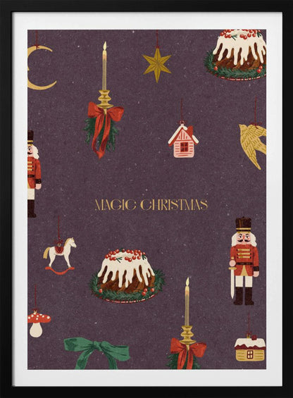 A vintage-style Christmas poster with a dark purple background featuring illustrations of festive items. Included are nutcracker soldiers, Christmas puddings, and hanging ornaments like a crescent moon, a star, a rocking horse, and candles. The words 'MAGIC CHRISTMAS' are written in the center in gold. Decor