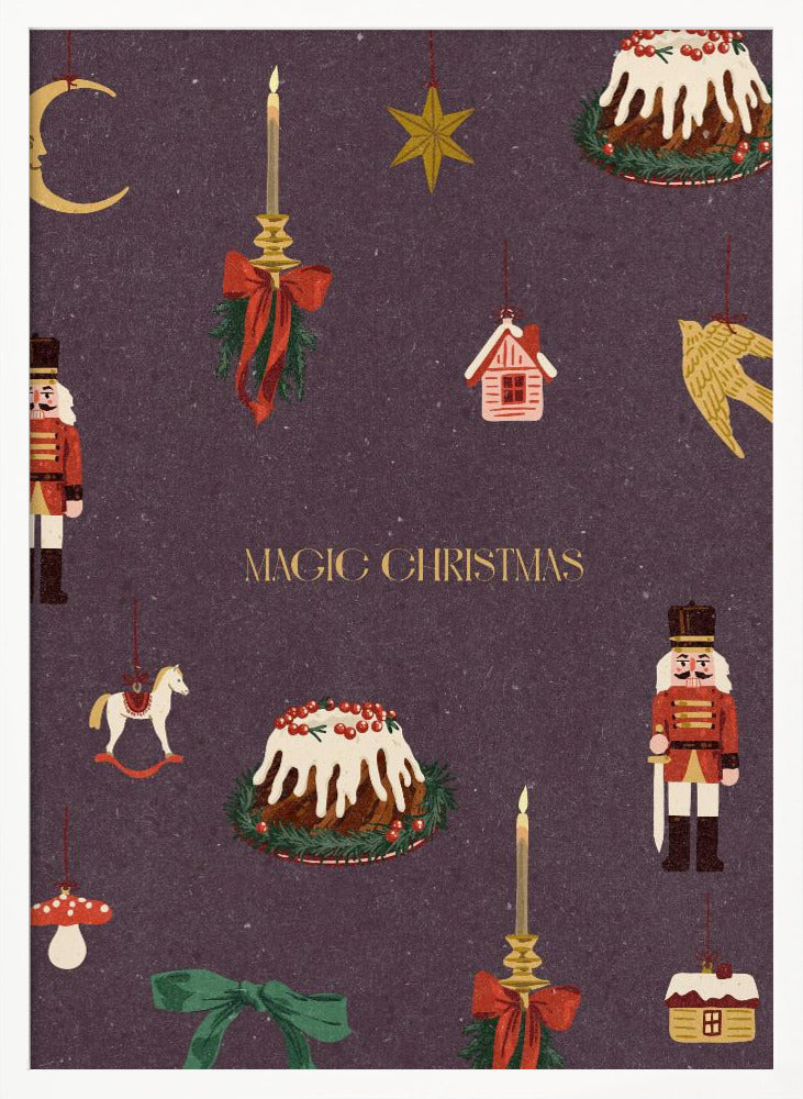 A vintage-style Christmas poster with a dark purple background featuring illustrations of festive items. Included are nutcracker soldiers, Christmas puddings, and hanging ornaments like a crescent moon, a star, a rocking horse, and candles. The words 'MAGIC CHRISTMAS' are written in the center in gold. Decor