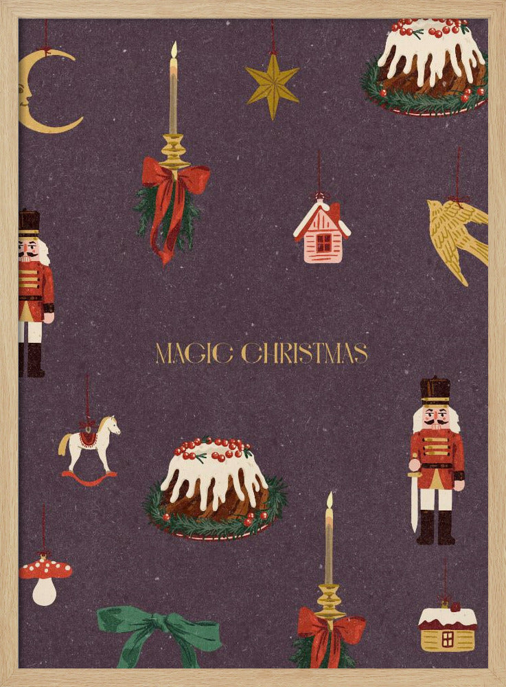 A vintage-style Christmas poster with a dark purple background featuring illustrations of festive items. Included are nutcracker soldiers, Christmas puddings, and hanging ornaments like a crescent moon, a star, a rocking horse, and candles. The words 'MAGIC CHRISTMAS' are written in the center in gold. Decor