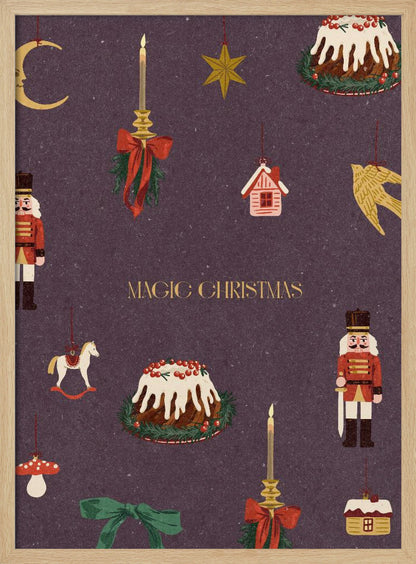 A vintage-style Christmas poster with a dark purple background featuring illustrations of festive items. Included are nutcracker soldiers, Christmas puddings, and hanging ornaments like a crescent moon, a star, a rocking horse, and candles. The words 'MAGIC CHRISTMAS' are written in the center in gold. Decor
