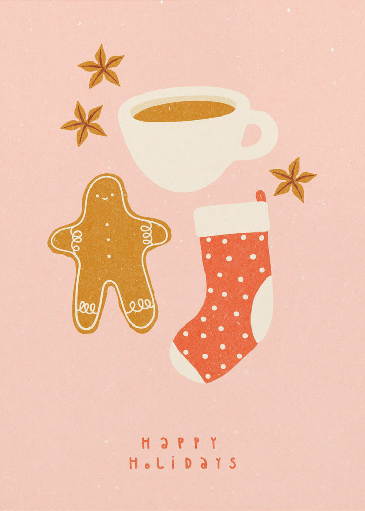 A festive illustration on a pink textured background featuring a gingerbread man, a cup of coffee, a red polka-dot Christmas stocking, and star anise spices. Below the items, the words 'HAPPY HOLIDAYS' are written in a simple red font. Print