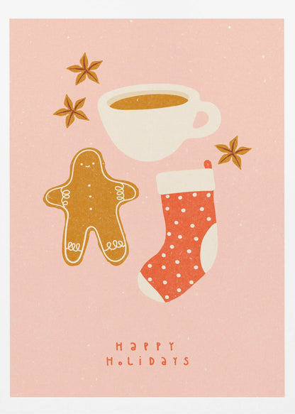 A festive illustration on a pink textured background featuring a gingerbread man, a cup of coffee, a red polka-dot Christmas stocking, and star anise spices. Below the items, the words 'HAPPY HOLIDAYS' are written in a simple red font. Print