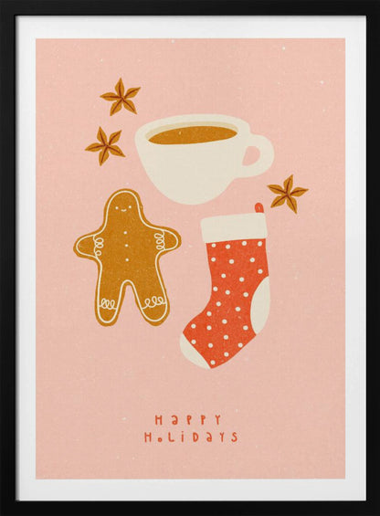 A festive illustration on a pink textured background featuring a gingerbread man, a cup of coffee, a red polka-dot Christmas stocking, and star anise spices. Below the items, the words 'HAPPY HOLIDAYS' are written in a simple red font. Print
