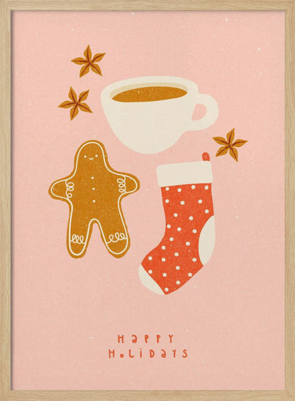 A festive illustration on a pink textured background featuring a gingerbread man, a cup of coffee, a red polka-dot Christmas stocking, and star anise spices. Below the items, the words 'HAPPY HOLIDAYS' are written in a simple red font. Print