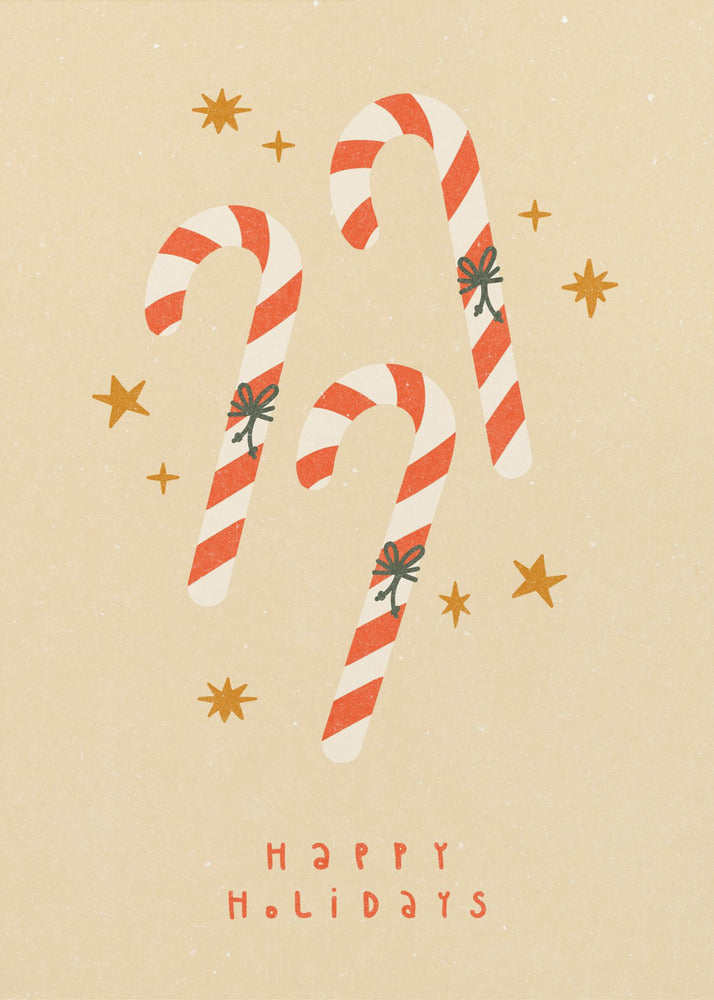 A vintage-style holiday illustration featuring three red and white striped candy canes with small bows, set against a speckled beige background with golden stars. Below the candy canes, the text 'HAPPY HOLIDAYS' is written in a simple red font. Poster