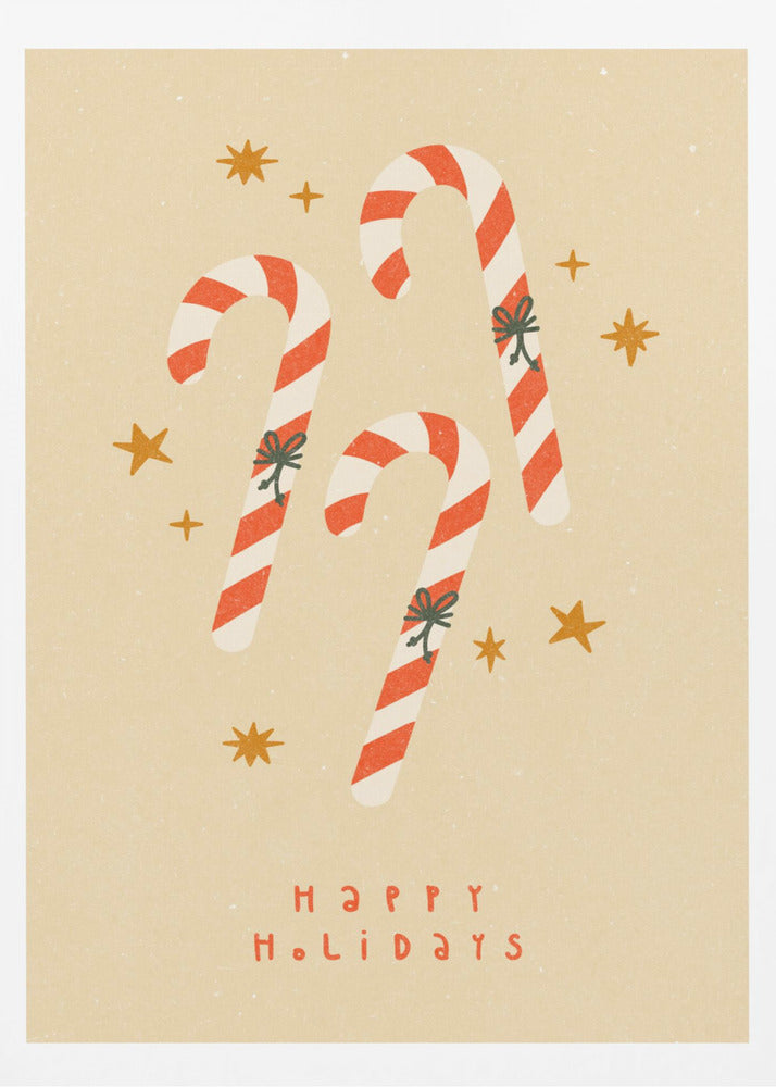 A vintage-style holiday illustration featuring three red and white striped candy canes with small bows, set against a speckled beige background with golden stars. Below the candy canes, the text 'HAPPY HOLIDAYS' is written in a simple red font. Poster