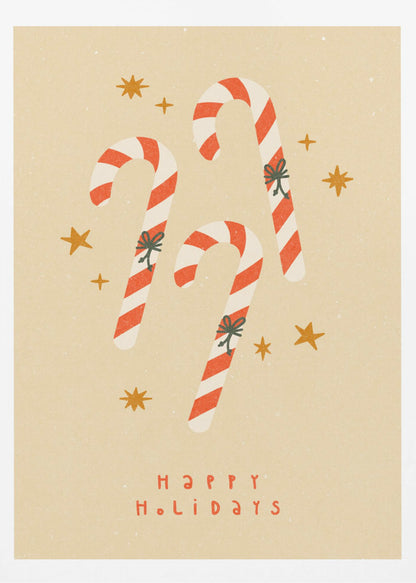 A vintage-style holiday illustration featuring three red and white striped candy canes with small bows, set against a speckled beige background with golden stars. Below the candy canes, the text 'HAPPY HOLIDAYS' is written in a simple red font. Poster