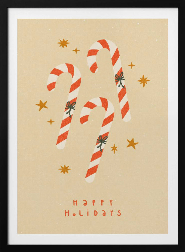 A vintage-style holiday illustration featuring three red and white striped candy canes with small bows, set against a speckled beige background with golden stars. Below the candy canes, the text 'HAPPY HOLIDAYS' is written in a simple red font. Poster
