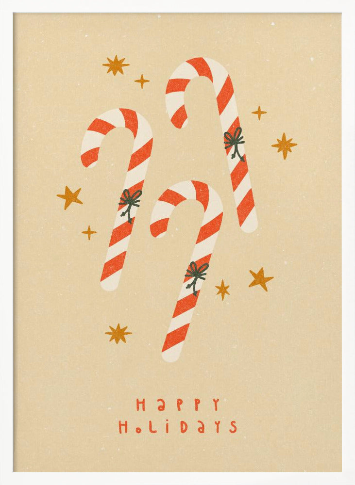 A vintage-style holiday illustration featuring three red and white striped candy canes with small bows, set against a speckled beige background with golden stars. Below the candy canes, the text 'HAPPY HOLIDAYS' is written in a simple red font. Poster