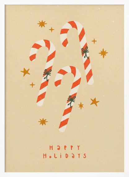A vintage-style holiday illustration featuring three red and white striped candy canes with small bows, set against a speckled beige background with golden stars. Below the candy canes, the text 'HAPPY HOLIDAYS' is written in a simple red font. Poster