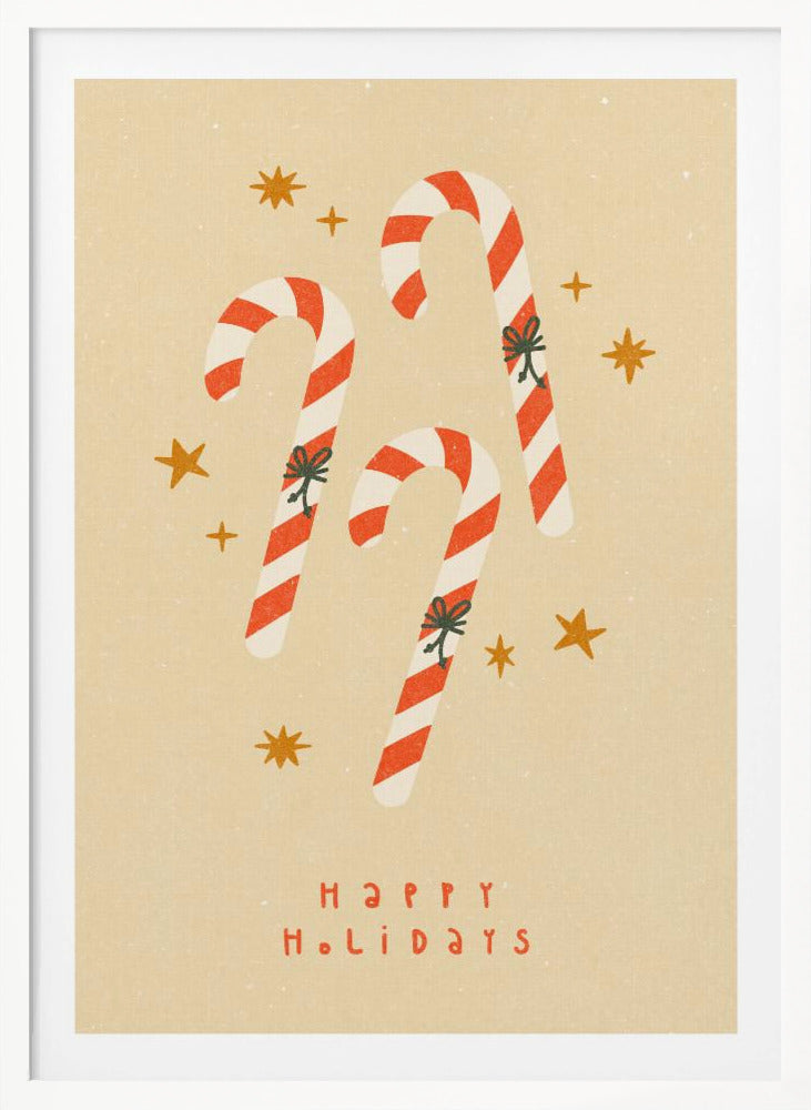 A vintage-style holiday illustration featuring three red and white striped candy canes with small bows, set against a speckled beige background with golden stars. Below the candy canes, the text 'HAPPY HOLIDAYS' is written in a simple red font. Poster