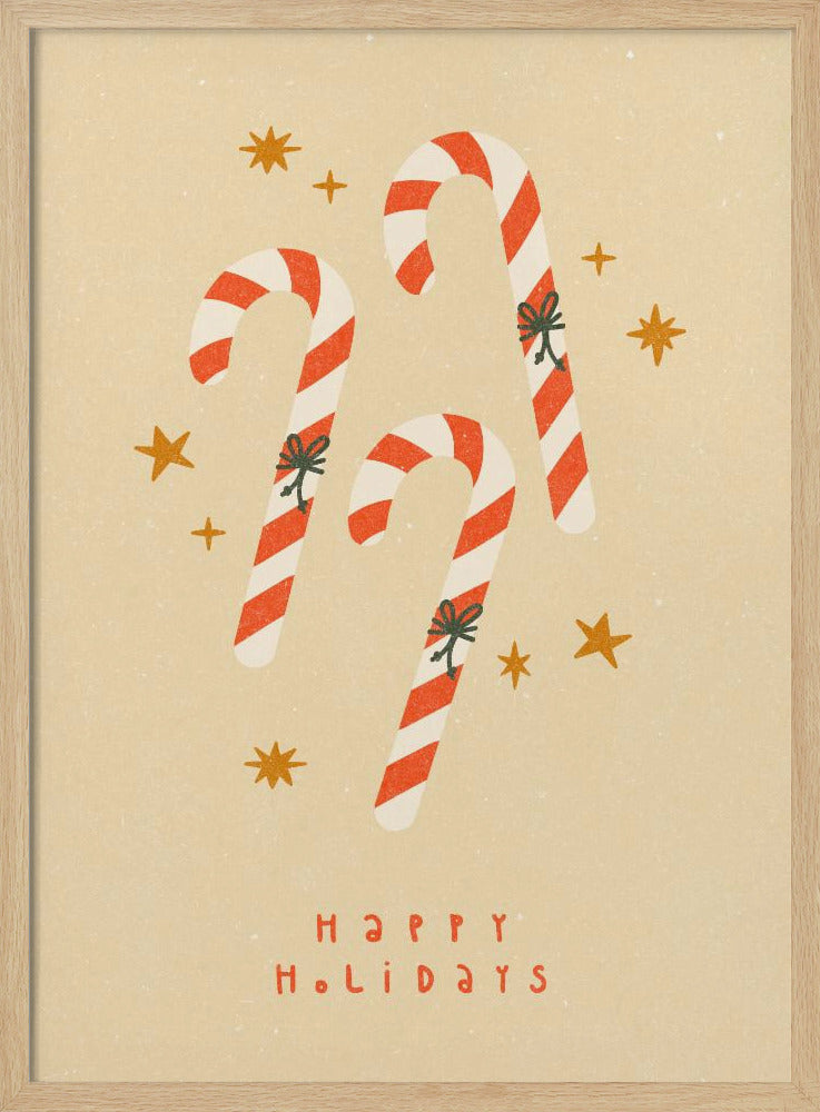 A vintage-style holiday illustration featuring three red and white striped candy canes with small bows, set against a speckled beige background with golden stars. Below the candy canes, the text 'HAPPY HOLIDAYS' is written in a simple red font. Poster