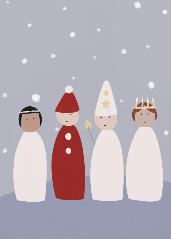 A whimsical illustration of four children dressed for a Saint Lucia procession, standing against a light blue background with falling snow. The figures are stylized with simple shapes, featuring a Lucia with a candle crown, a star boy with a pointed hat and star wand, and a gingerbread man or 'tomte' in red. Poster