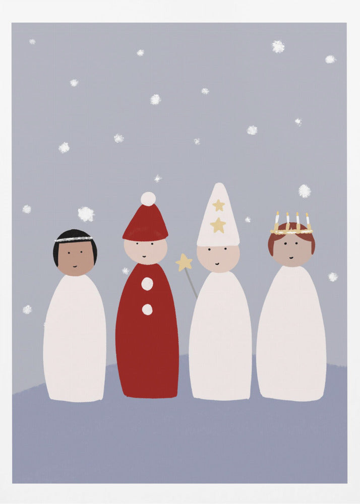 A whimsical illustration of four children dressed for a Saint Lucia procession, standing against a light blue background with falling snow. The figures are stylized with simple shapes, featuring a Lucia with a candle crown, a star boy with a pointed hat and star wand, and a gingerbread man or 'tomte' in red. Poster
