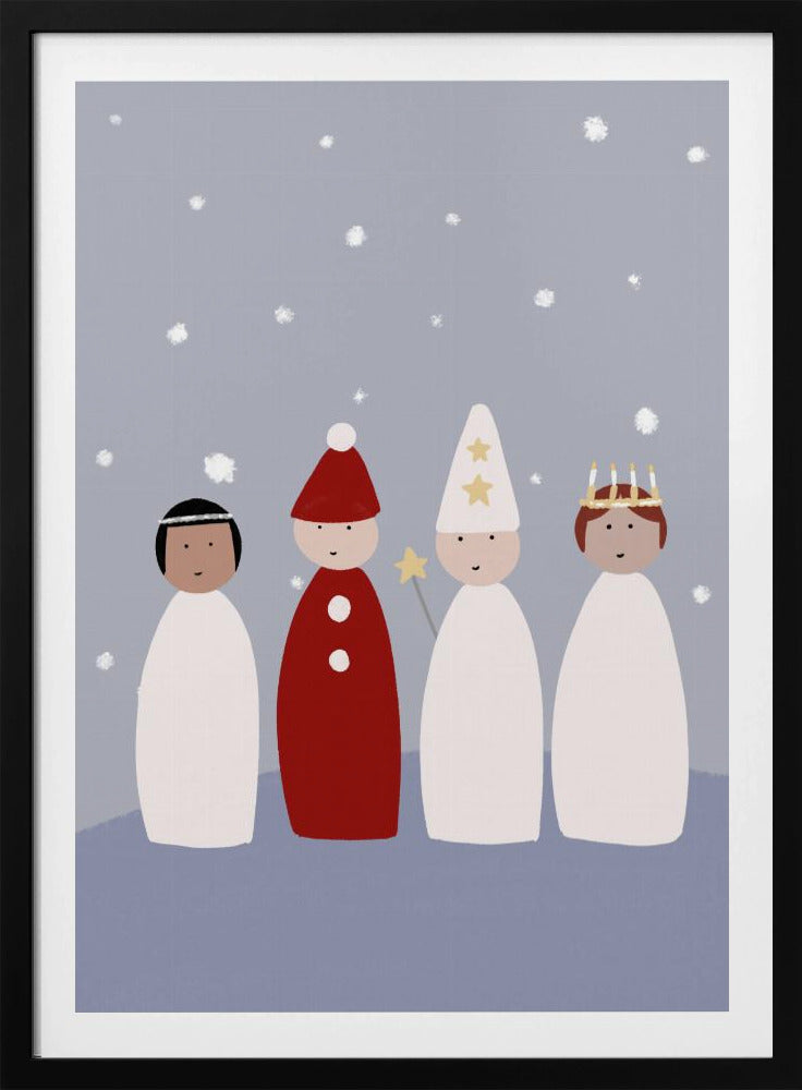 A whimsical illustration of four children dressed for a Saint Lucia procession, standing against a light blue background with falling snow. The figures are stylized with simple shapes, featuring a Lucia with a candle crown, a star boy with a pointed hat and star wand, and a gingerbread man or 'tomte' in red. Poster