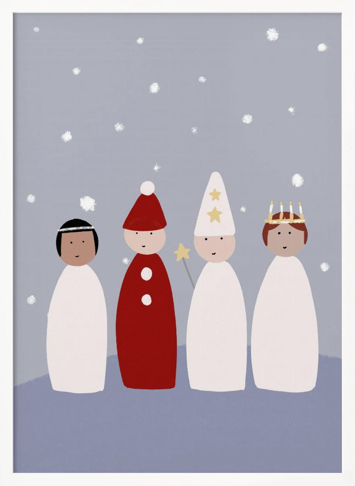 A whimsical illustration of four children dressed for a Saint Lucia procession, standing against a light blue background with falling snow. The figures are stylized with simple shapes, featuring a Lucia with a candle crown, a star boy with a pointed hat and star wand, and a gingerbread man or 'tomte' in red. Poster