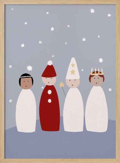 A whimsical illustration of four children dressed for a Saint Lucia procession, standing against a light blue background with falling snow. The figures are stylized with simple shapes, featuring a Lucia with a candle crown, a star boy with a pointed hat and star wand, and a gingerbread man or 'tomte' in red. Poster