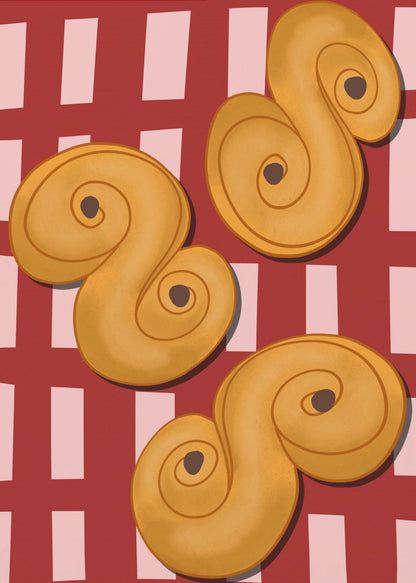 A vibrant illustration of three golden-yellow S-shaped pastries, resembling Swedish saffron buns, resting on a red and pink checkered tablecloth. The artwork is presented within a black frame. Decor