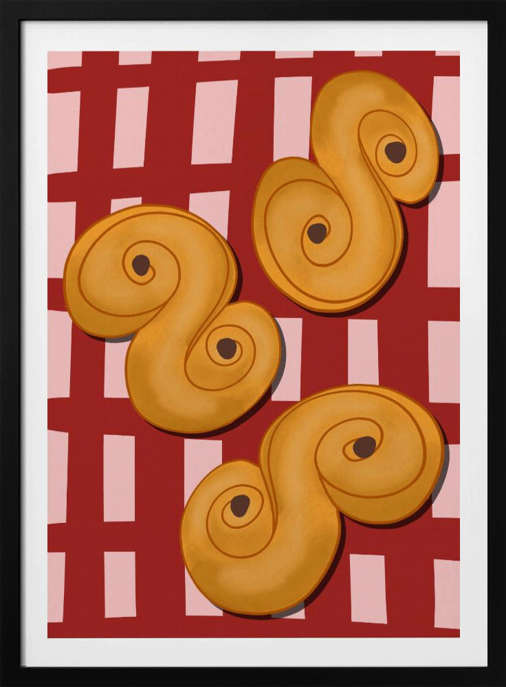 A vibrant illustration of three golden-yellow S-shaped pastries, resembling Swedish saffron buns, resting on a red and pink checkered tablecloth. The artwork is presented within a black frame. Decor
