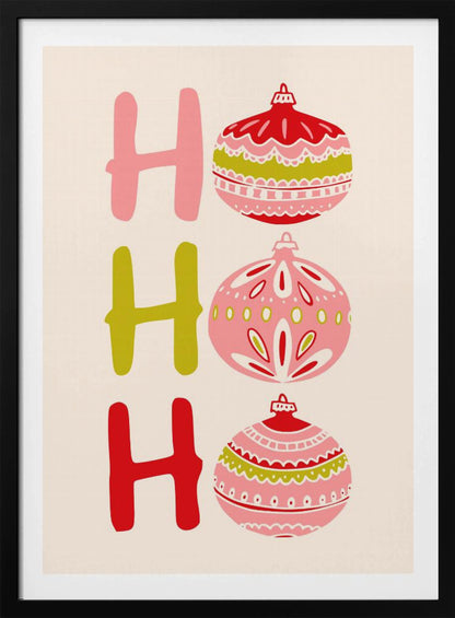 A modern illustrated Christmas poster with 'Ho Ho Ho' written vertically. The letters 'H' are shown in pink, green, and red, and the 'o's are replaced with intricately patterned Christmas ball ornaments in the same color palette on a cream background. Decor