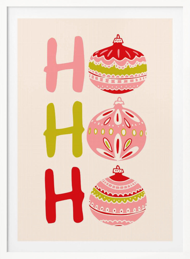 A modern illustrated Christmas poster with 'Ho Ho Ho' written vertically. The letters 'H' are shown in pink, green, and red, and the 'o's are replaced with intricately patterned Christmas ball ornaments in the same color palette on a cream background. Decor