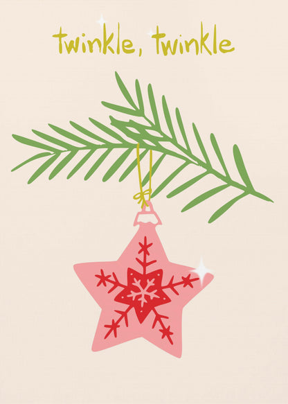 A framed piece of art with a light cream background featuring the words 'twinkle, twinkle' in a playful yellow-green font. Below the text, a pink star-shaped Christmas ornament with red snowflake designs hangs from a green pine branch. Print