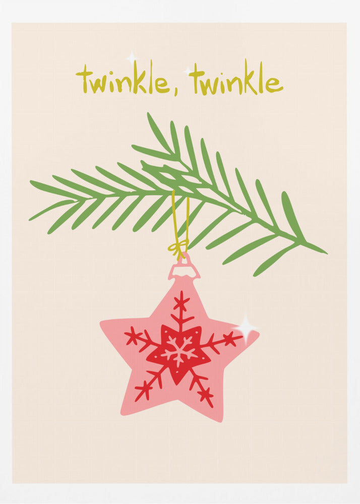 A framed piece of art with a light cream background featuring the words 'twinkle, twinkle' in a playful yellow-green font. Below the text, a pink star-shaped Christmas ornament with red snowflake designs hangs from a green pine branch. Print
