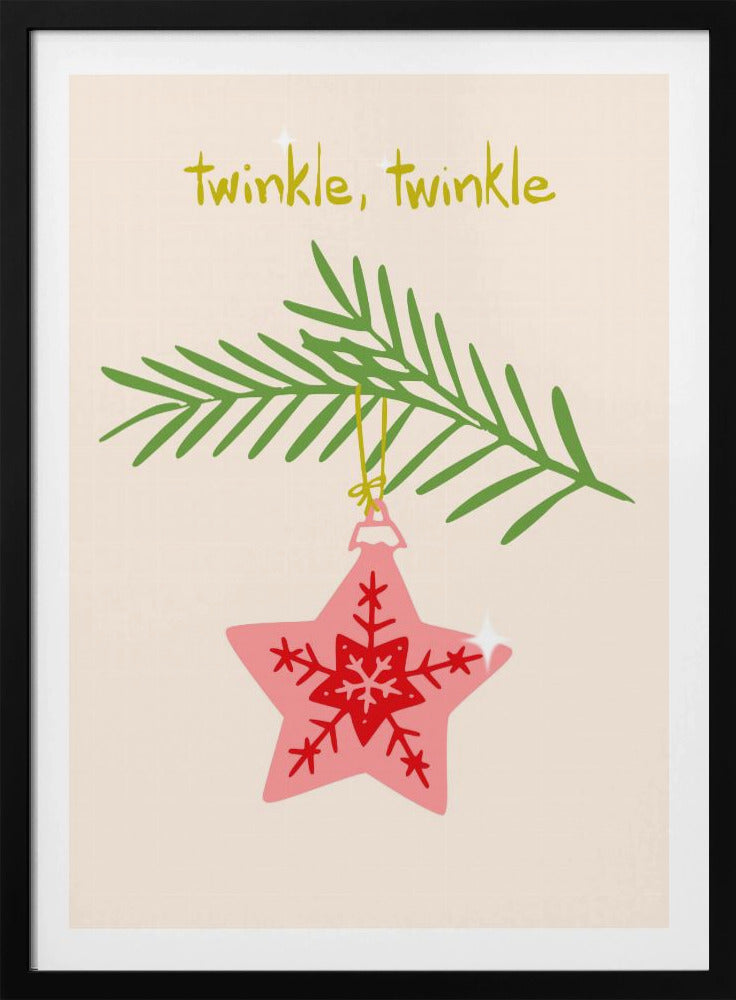 A framed piece of art with a light cream background featuring the words 'twinkle, twinkle' in a playful yellow-green font. Below the text, a pink star-shaped Christmas ornament with red snowflake designs hangs from a green pine branch. Print