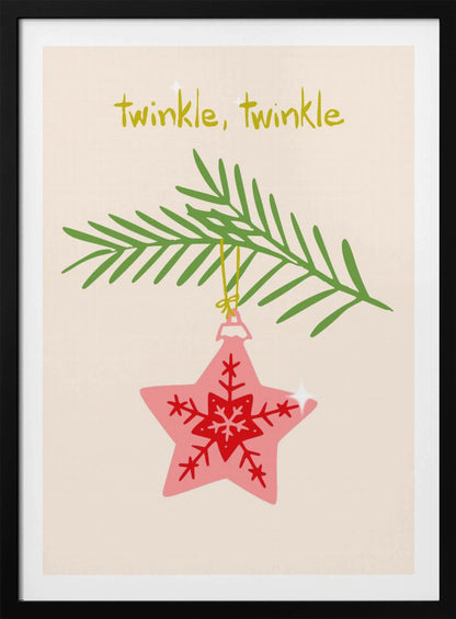 A framed piece of art with a light cream background featuring the words 'twinkle, twinkle' in a playful yellow-green font. Below the text, a pink star-shaped Christmas ornament with red snowflake designs hangs from a green pine branch. Print