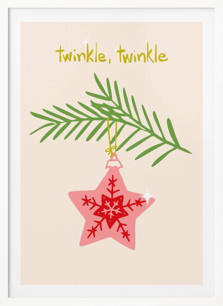 A framed piece of art with a light cream background featuring the words 'twinkle, twinkle' in a playful yellow-green font. Below the text, a pink star-shaped Christmas ornament with red snowflake designs hangs from a green pine branch. Print