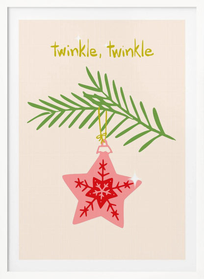 A framed piece of art with a light cream background featuring the words 'twinkle, twinkle' in a playful yellow-green font. Below the text, a pink star-shaped Christmas ornament with red snowflake designs hangs from a green pine branch. Print