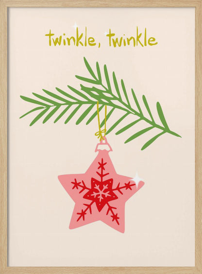 A framed piece of art with a light cream background featuring the words 'twinkle, twinkle' in a playful yellow-green font. Below the text, a pink star-shaped Christmas ornament with red snowflake designs hangs from a green pine branch. Print