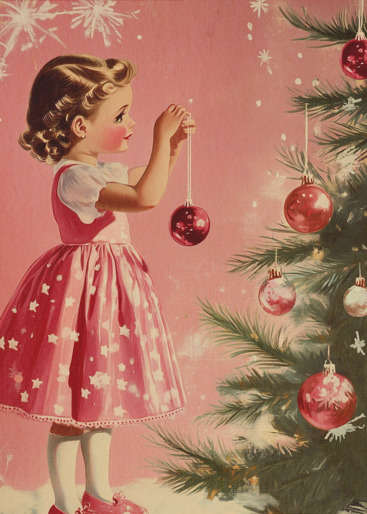 A vintage illustration of a young girl in a pink and white dress decorating a Christmas tree. She is carefully hanging a shiny red ornament on a branch against a soft pink background with snowflakes. Wall Art