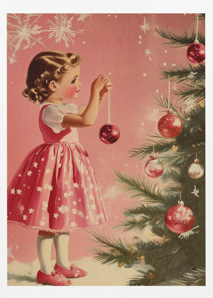 A vintage illustration of a young girl in a pink and white dress decorating a Christmas tree. She is carefully hanging a shiny red ornament on a branch against a soft pink background with snowflakes. Wall Art